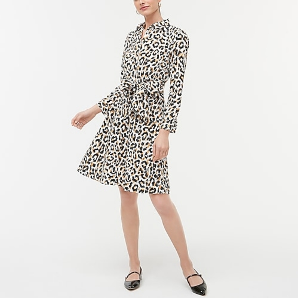Leopard tie-waist shirtdress in cotton poplin